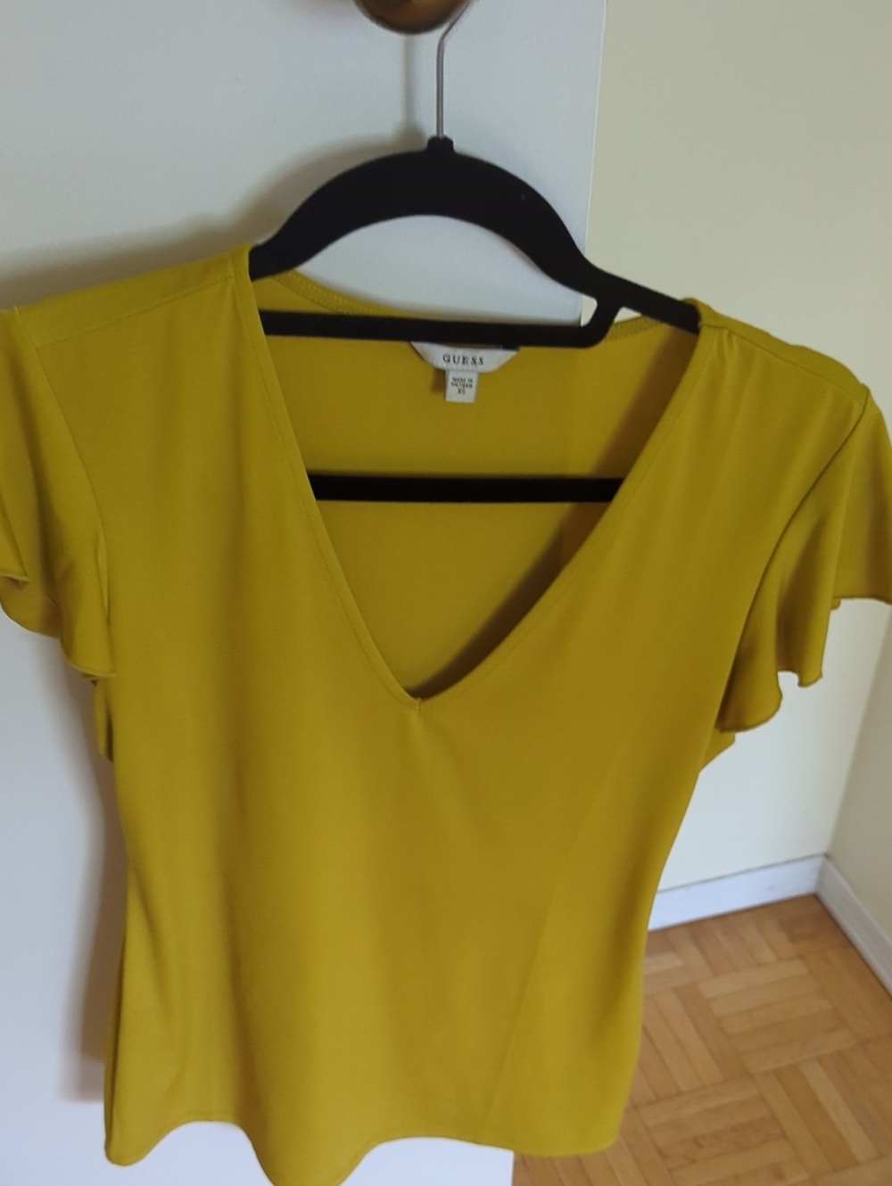 GUESS Women's V-Neck Flutter Sleeve Top in Mustard